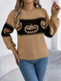Women Pumpkin Head Color Block Long Sleeve Pullover Sweater