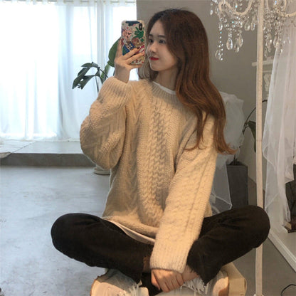 Thick Hemp Flowers Knitted Round Neck Sweater Retro Loose Top