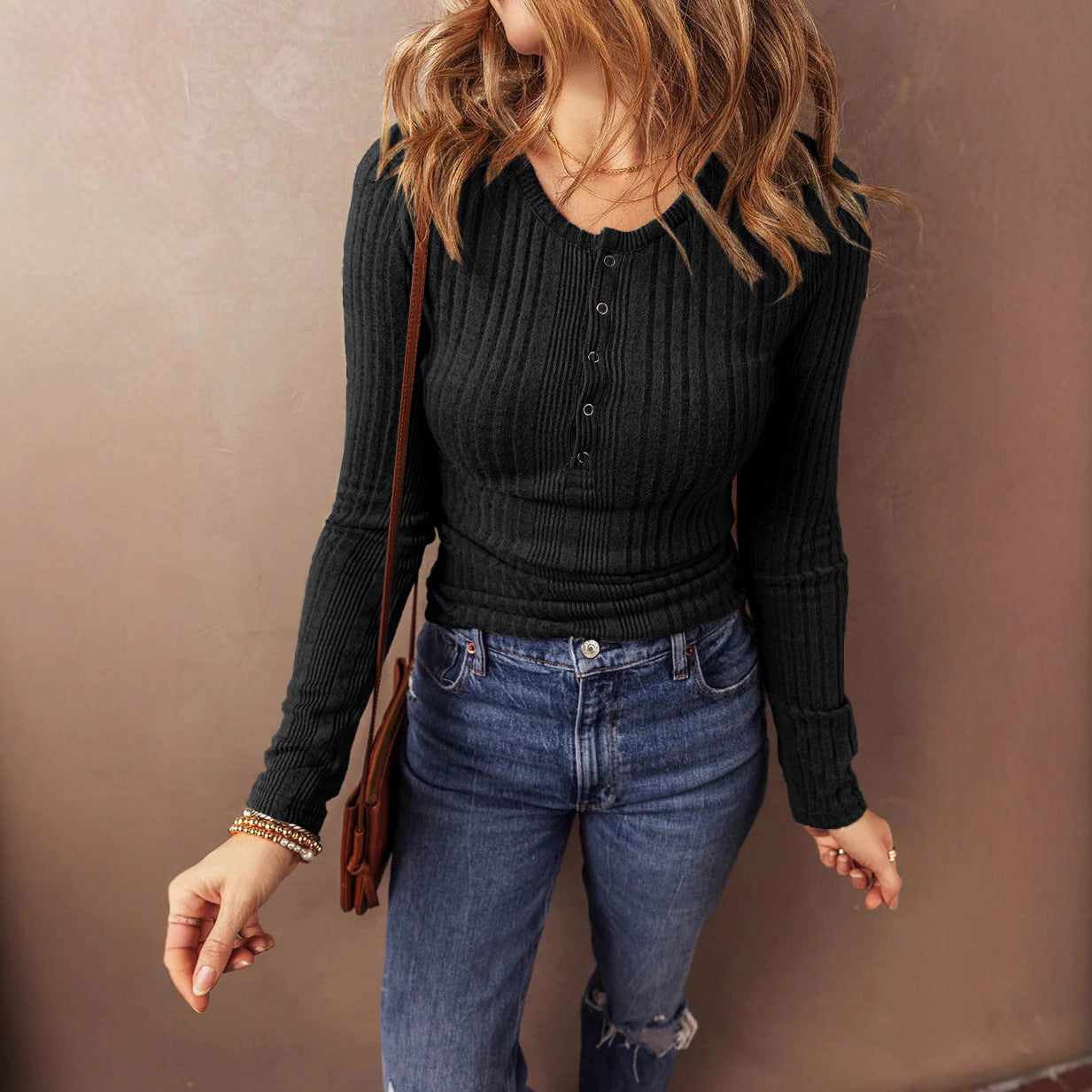 Women's Elegant Solid Color Long Sleeve Top With Buttons
