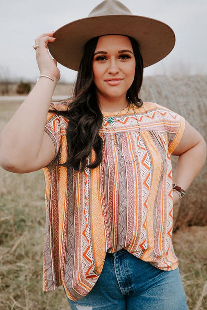 Multicolor Tribal Geometric Print Plus Size Short Sleeve Top