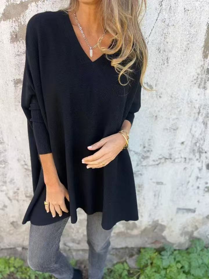 New Autumnwinter Women's Long-sleeve Knitted V-neck Loose-fitting Long Top