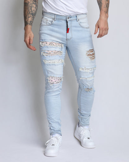 Pink Cashew Blossom Patch Blue Ripped Jeans with Light Wash