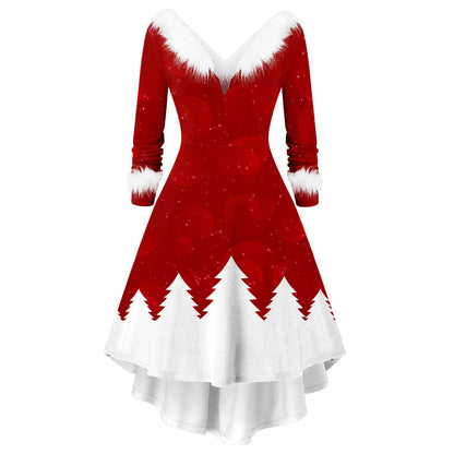 Women's Christmas Long Sleeve V-neck Irregular Dress