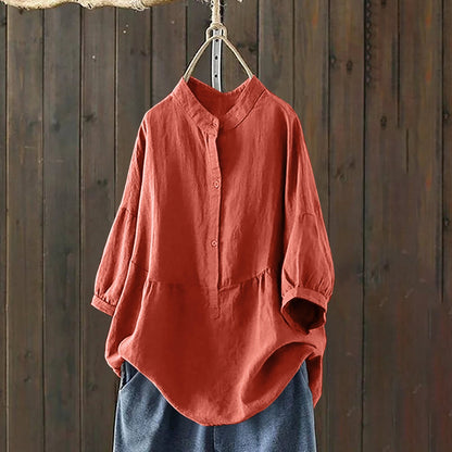 Mandarin-collar Single-breasted Traditional-style Solid-color Long-sleeve Pullover Shirt