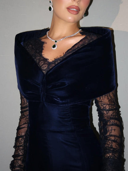 Navy Blue Velvet Lace Long-Sleeve Gown