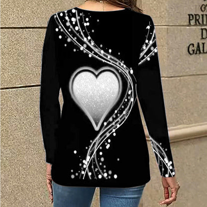 Women's Casual Long Sleeve Top With A Heart Patterned V Neck