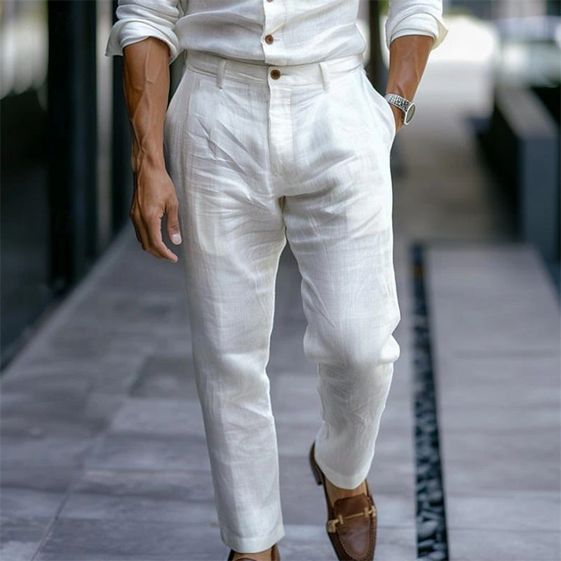 Men's Linen Trousers Solid Color Breathable Casual Pants Outdoor Clothing