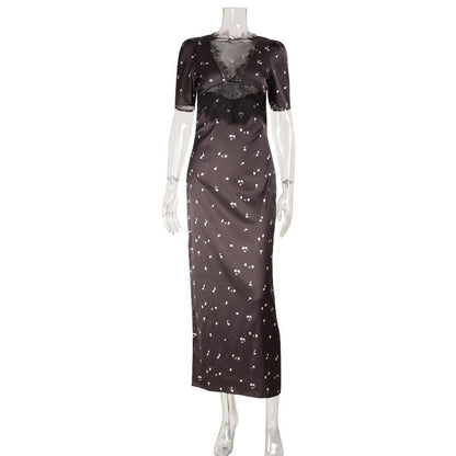 Women's Lace Patchwork V-Neck Puff Sleeve Hollowed-Out Waist Dress