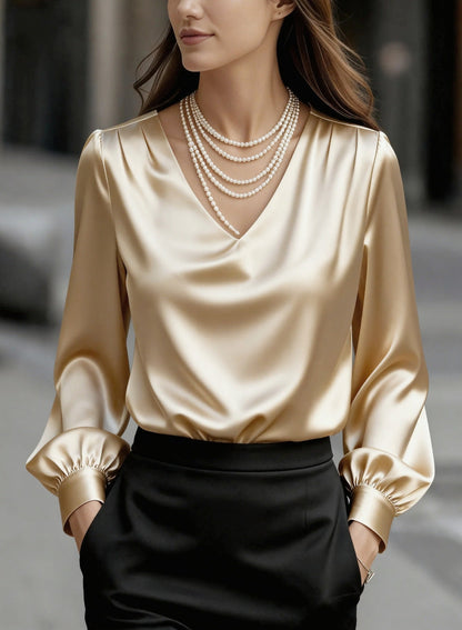 French-style Elegant And Sophisticated Satin Long-sleeve Blouse With Bubble Sleeves And A V-neck