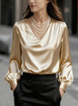 French-style Elegant And Sophisticated Satin Long-sleeve Blouse With Bubble Sleeves And A V-neck