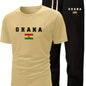 Men's Summer Casual Two-Piece Set, Men's Ghanian Print Short Sleeve T-Shirt with Comfortable Long Pants Fashion Outfit