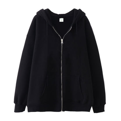 Full-zip Hoodie With Fleece-lined Solid-color Sweatshirt