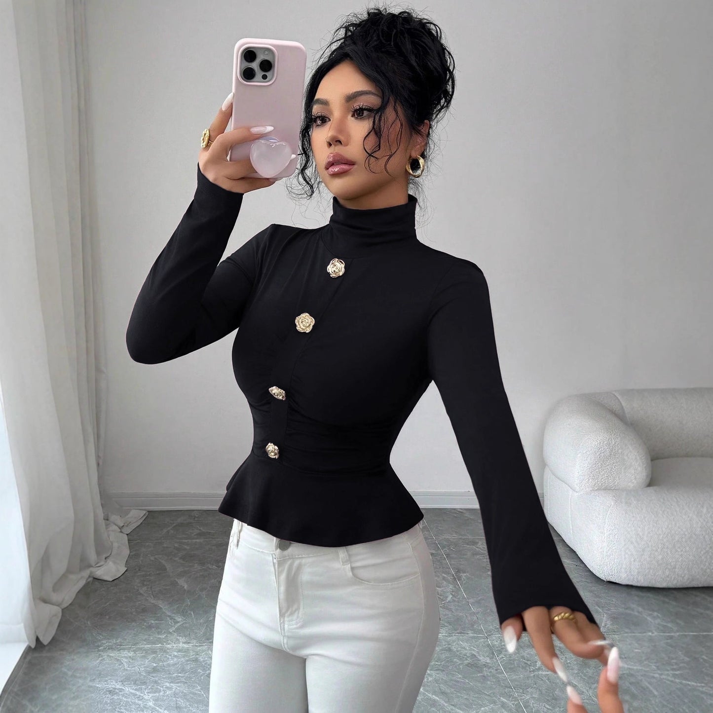 New Autumnwinter High-neck Pleated Top With A Figure-flattering Design