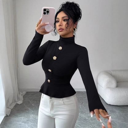 New Autumnwinter High-neck Pleated Top With A Figure-flattering Design