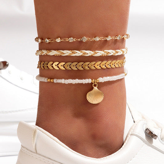 4pcs Set Bohemian Woven Rope Foot Chain For Men And Women Geometric Alloy Black Beads Dropping Oil Anklet Set Summer Fashion Jewellery