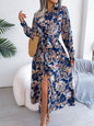 Women's Retro Floral Belted Shirt Dress – Stand Collar, Long Sleeve, Ankle-Length Skirt