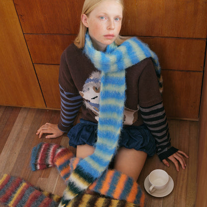 Contrast-color Striped Knit Women's Narrow Soft And Fluffy Wool Scarf