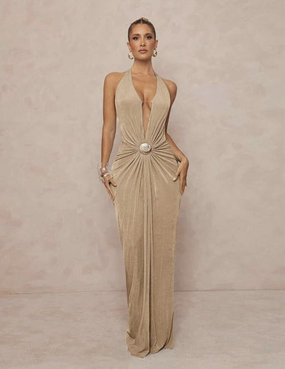 Deep V-neck Halter Dress With Open Back For Beach Vacations