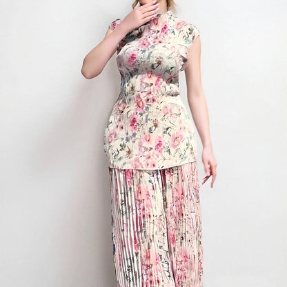 Long Sleeve Printed Chiffon Dress High Waist