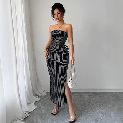 Women's Casual Striped Strapless Tube Top And Sheath Skirt Set