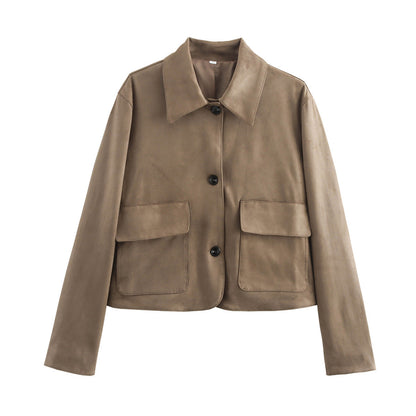 Women's Fashion Retro Long-sleeved Lapel Suede Fabric Jacket Coat