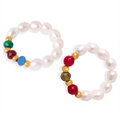 Freshwater Pearl And Agate Beaded Stretchy Cord Ring