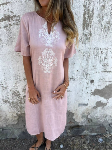 V-neck Loose-fit Cotton-linen Women's Dress