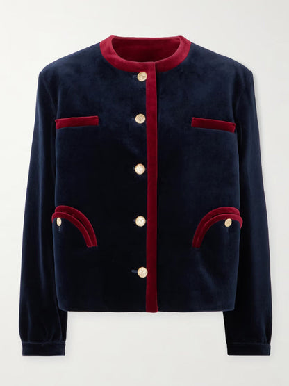 Contrast Color Jacket & Velvet Mini Skirt Set