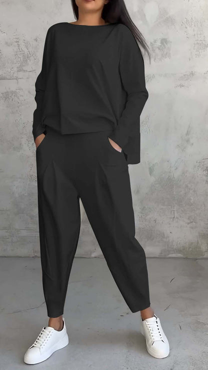 Women's Irregular Suit Long-sleeved Round Neck Top And Loose Harem Pants With Pockets Ins Fashion Trousers Set Women's Clothing