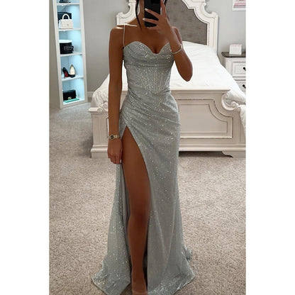 Women's V-Neck Split Maxi Dress - Elegant Sleeveless Evening Party Gown