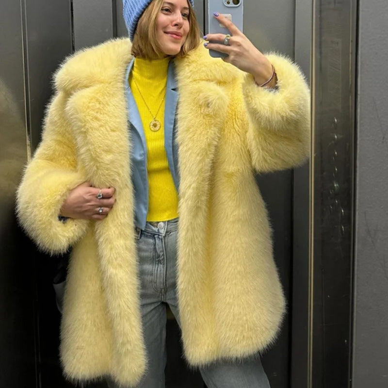 Women's Autumn Winter Warm Notched Collar Mid-Length Fur Coat