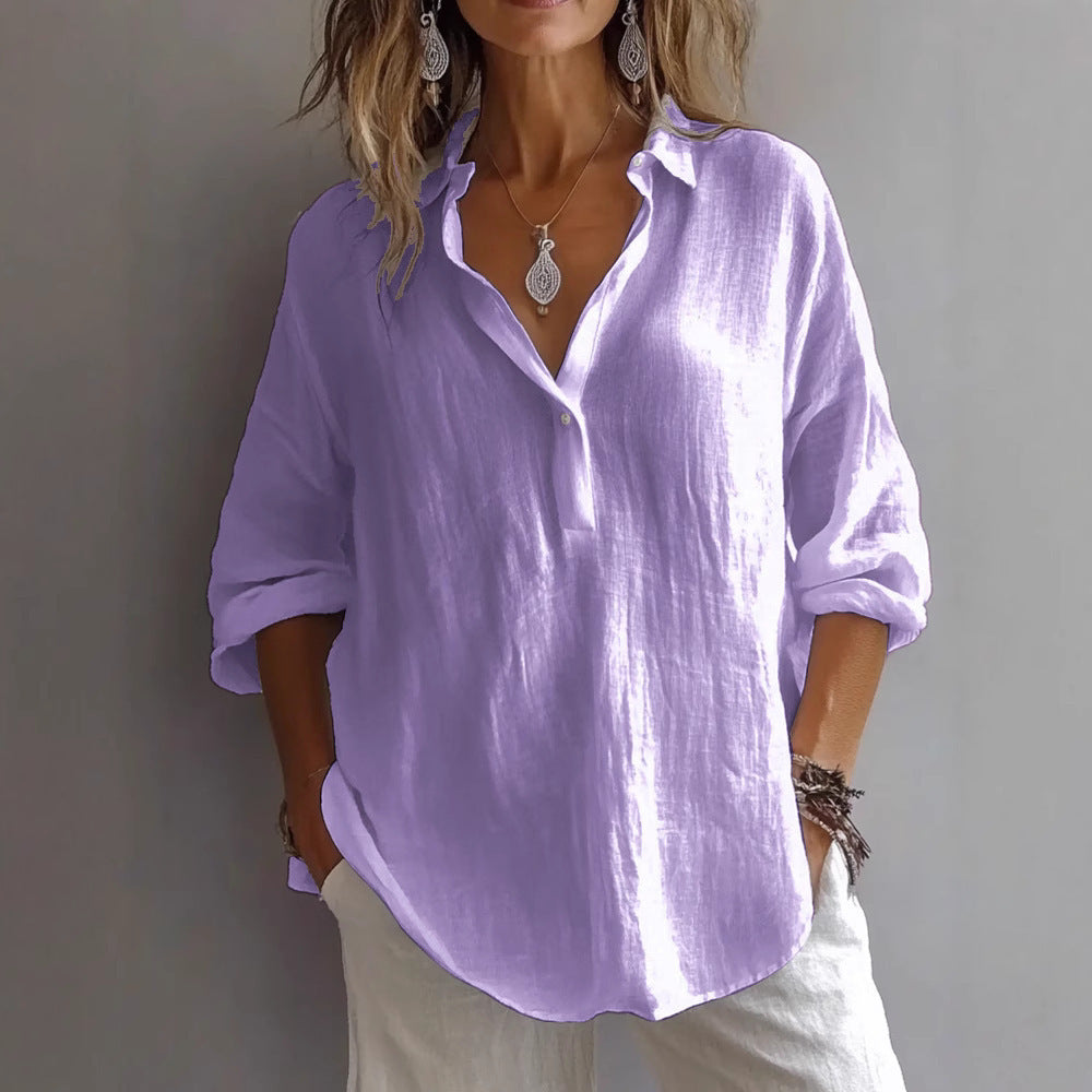Fashion Long-sleeved Lapel Pullover Shirt Casual Loose Solid Color T-shirt Tops Women's Clothing