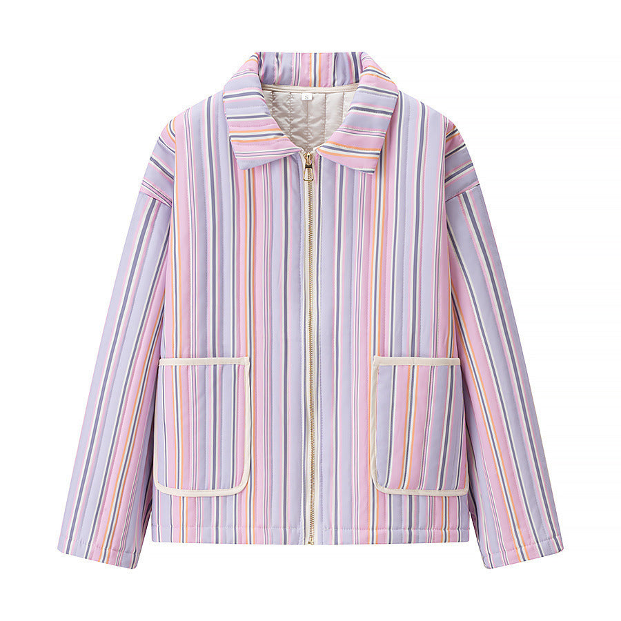 Women's Long-sleeved Polo Collar Stripes Cotton-padded Coat