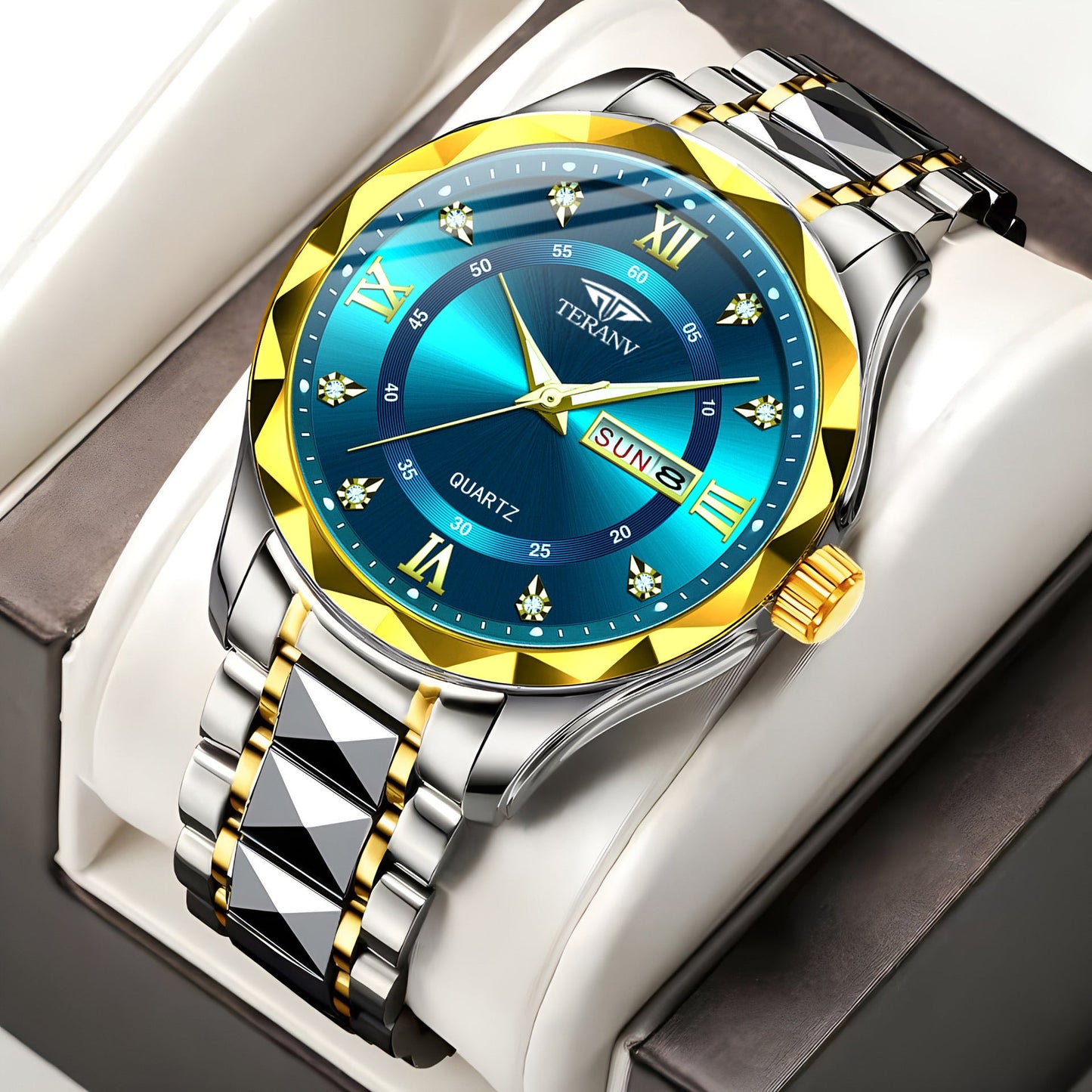 Men's Diamond Shell Calendar Watch - Stainless Steel Luxury Timepiece