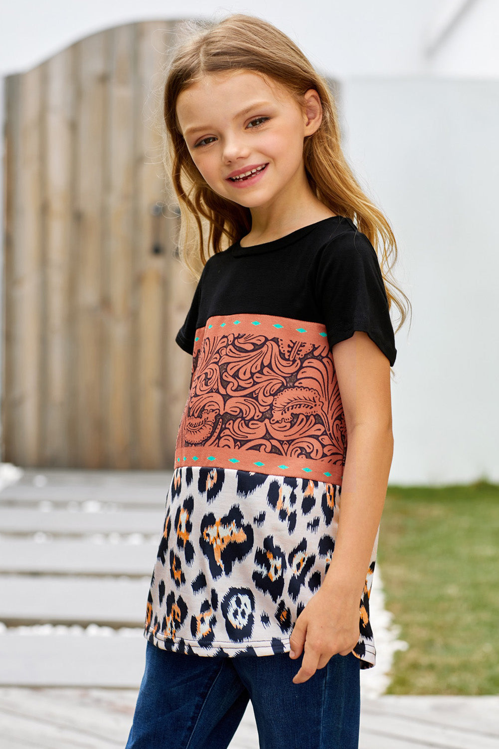 Brown Print Leopard Colorblock Girls' T-shirt