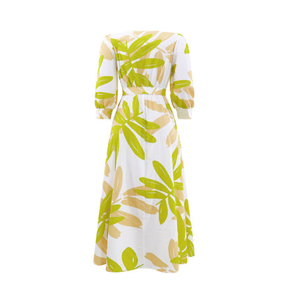 Women's Loose-Fit Casual Waist-Cinching Printed Long-Sleeve Dress With Drawstring