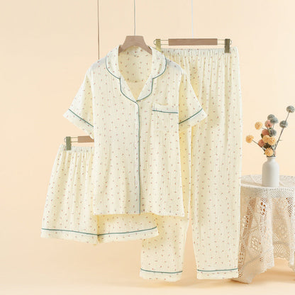 Pajamas Cotton Three-piece Set Spring And Summer Thin Crepe Autumn Gauze Lapel Short Sleeve