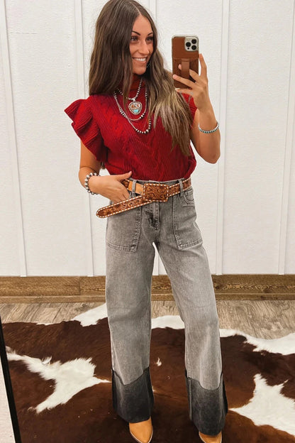 Womens Knitted Turtleneck Ruffle-Trimmed Short-Sleeve Sweater