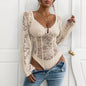 Sexy V-neck Lace Stitching Pull-up Solid Color Body Shaping Jumpsuit