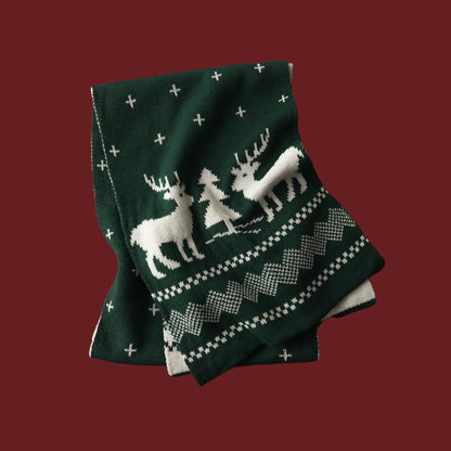 Red Knitted Scarf With Elk Print And Snowflake Pattern Designed For Warmth