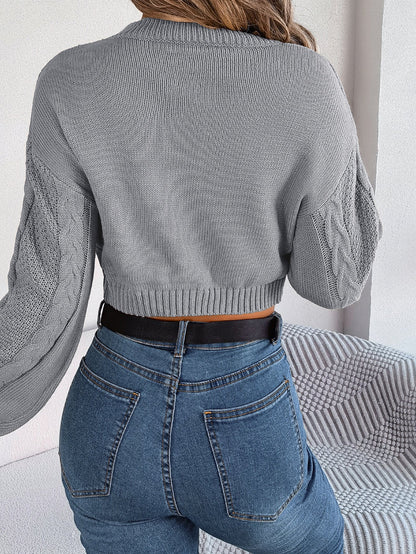 Women Casual Solid Color Cable Knit Long Sleeve Cropped Pullover