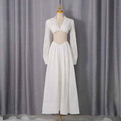 White Cutout Shirt Collar Two-Piece Set - Long Sleeve Crop Top & High-Waisted Maxi Skirt