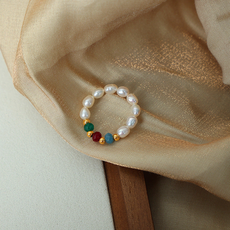 Freshwater Pearl And Agate Beaded Stretchy Cord Ring
