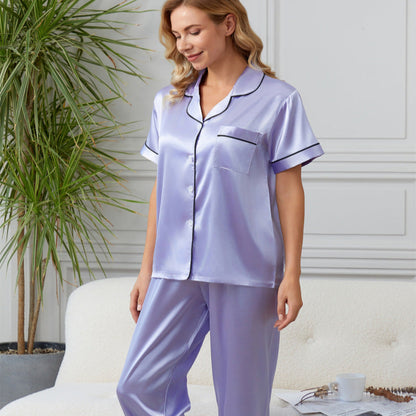 Summer Minimalist Casual Faux-silk Short-sleeve Shirt And Trousers