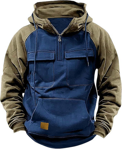 Fall Winter Retro Cargo Hoodies Men's Half Zipper Solid Warm Fleece Sweatshirts Multi Pockets Male Hooded Jackets Thick Outdoor Hooded