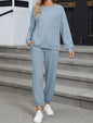 New Solid Color Knitting Belt Pocket Long Sleeve Top And Trousers Two Pieces