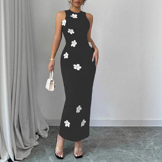 Women's Slim-fit Sleeveless Fashionable Floral Round-neck Dress