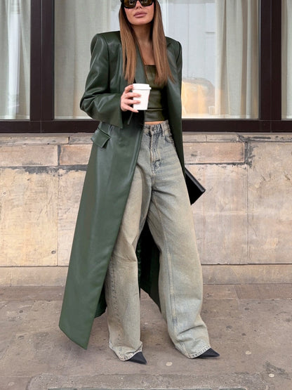Olive Green Leather Maxi Trench Coat With Shoulder Pads