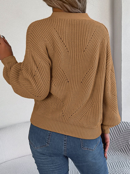 Women Hollow Out V-Neck Button Lantern Sleeve Pullover Sweater