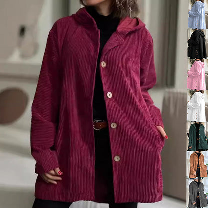 Women's Corduroy Hooded Jacket Fashion Warm Pockets Button Mid-length Top Casual Fall Winter Outwear Clothing